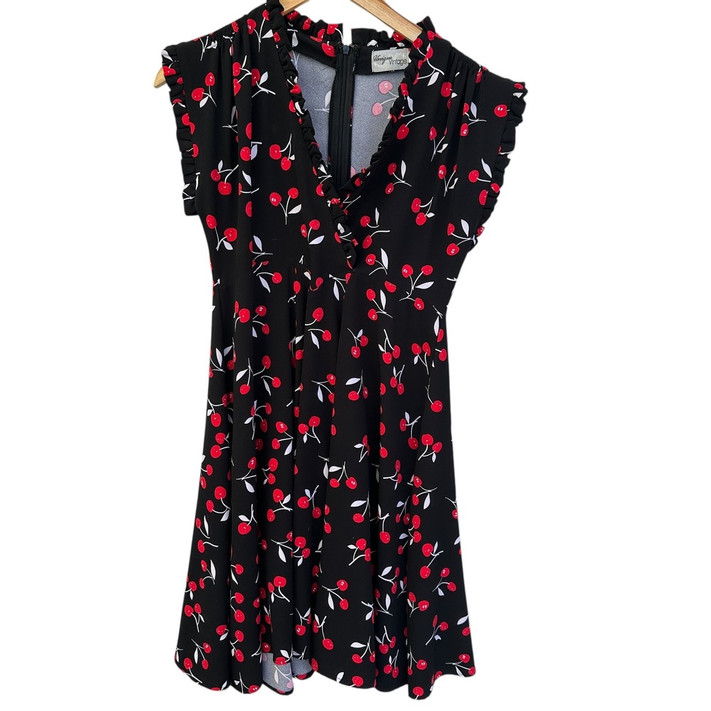 Unique Vintage Dress‎ Cherry Print Ruffle Swing Black Retro Medium Goth